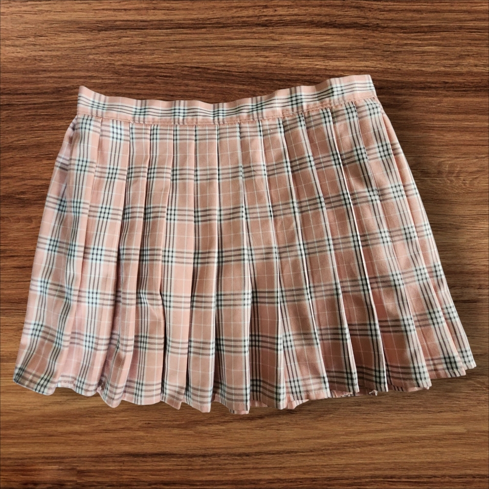 Pleated Plaid Pink, White and Black School Girl Mini Skirt. Sz. XL